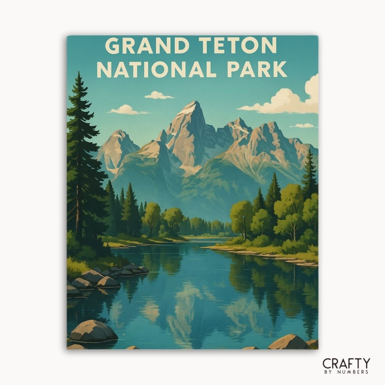 Kit de pintura por números del Parque Nacional Grand Teton con Crystal River y un pintoresco paisaje montañoso.