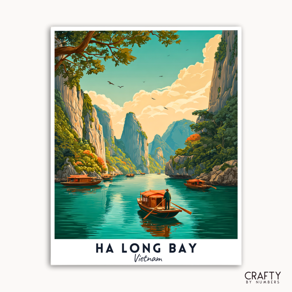 Poster of Ha Long Bay with boats and mountains, featuring the brand 'Crafty by Numbers'.