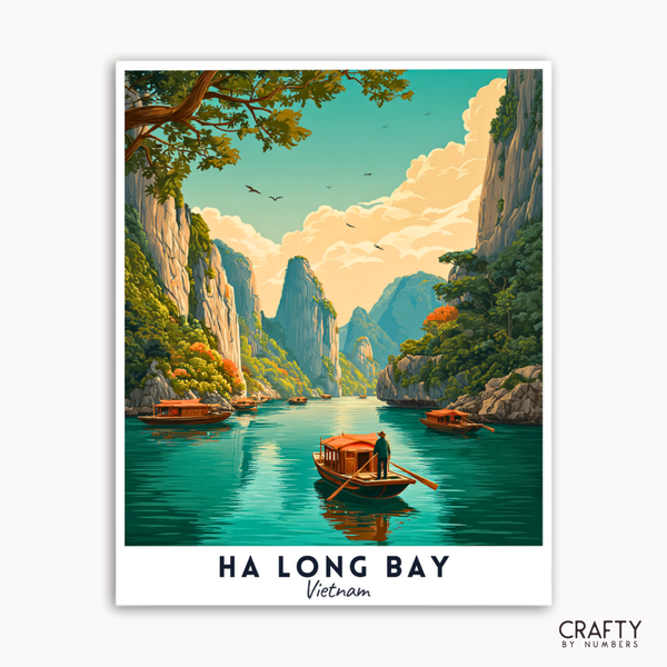 Poster of Ha Long Bay with boats and mountains, featuring the brand 'Crafty by Numbers'.
