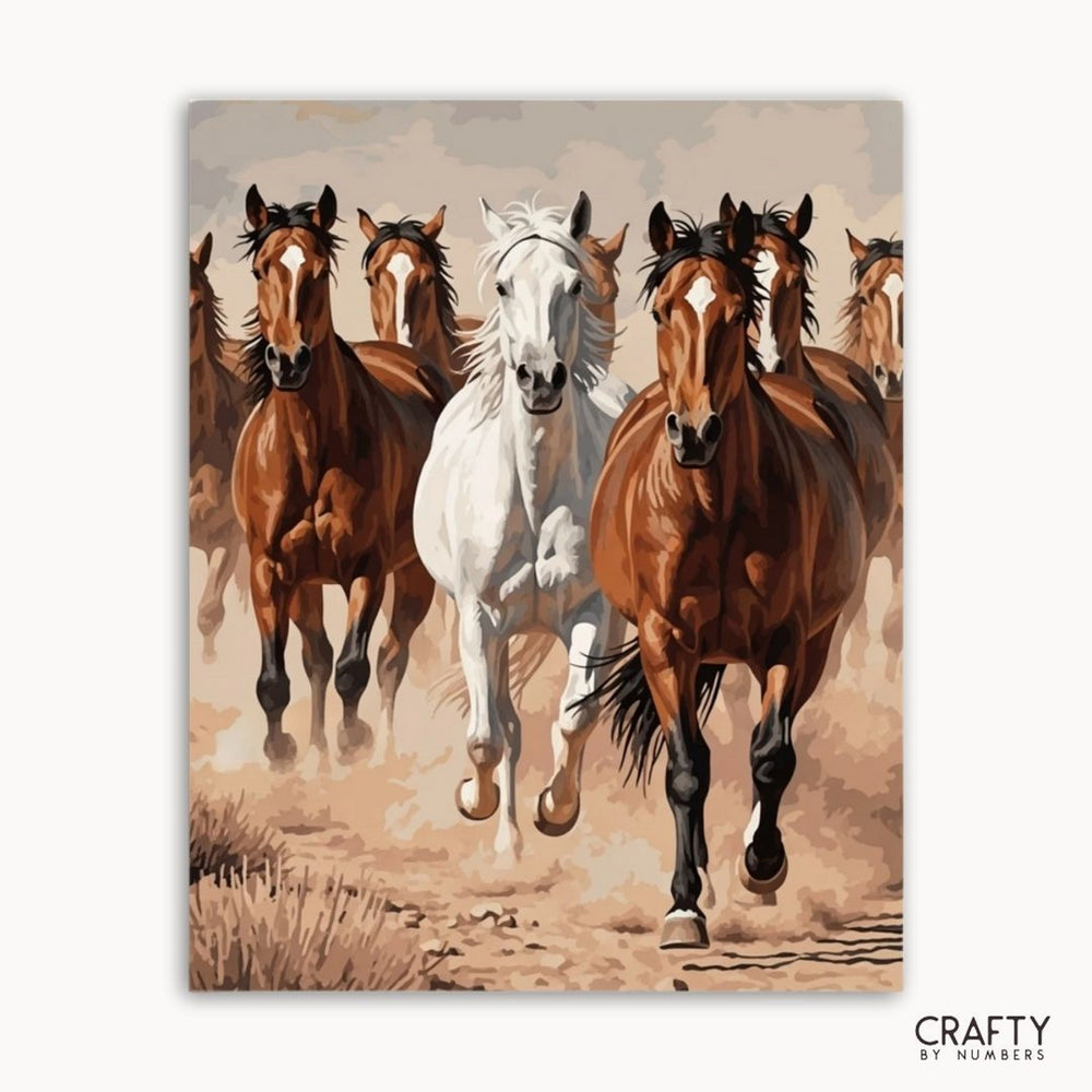 Painting of horses running on a path with 'Crafty by Numbers' branding.