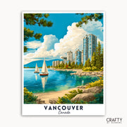 Illustration of a scenic view of Vancouver with buildings, trees, and water.