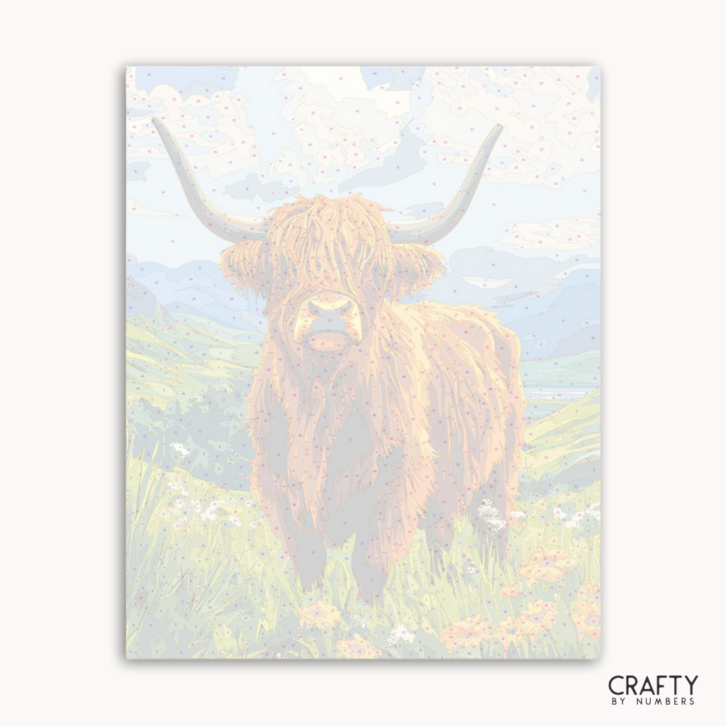 Painting of a highland cow in a field with a soft, pastel color palette.