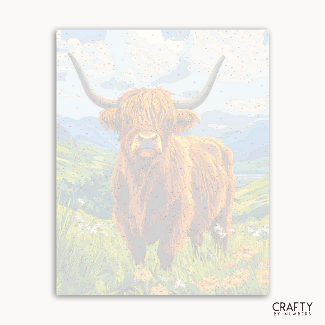 Painting of a highland cow in a field with a soft, pastel color palette.