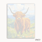 Painting of a highland cow in a field with a soft, pastel color palette.