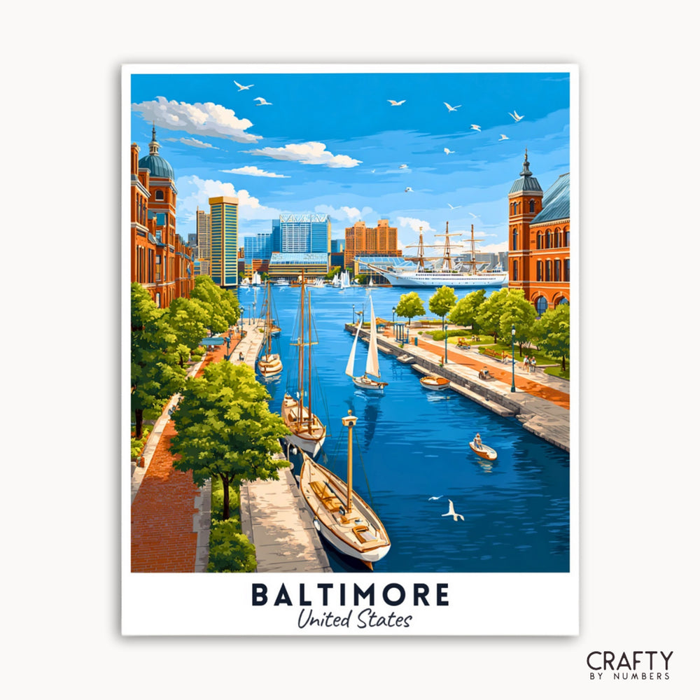 Illustration of Baltimore, United States with a harbor scene and skyline.