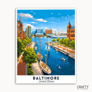 Illustration of Baltimore, United States with a harbor scene and skyline.
