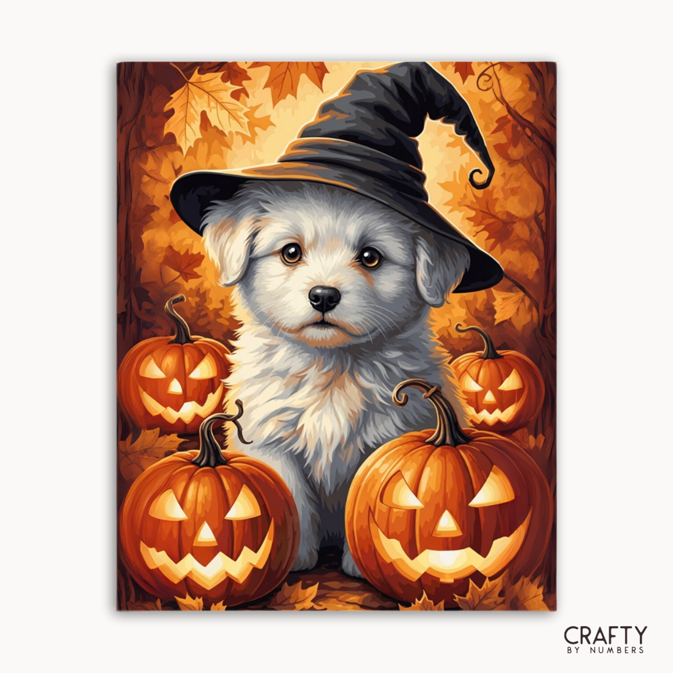 Painting of a dog in a witch hat surrounded by pumpkins with a Halloween theme.