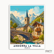 Vintage-style poster of Andorra la Vella with mountains and a bridge.