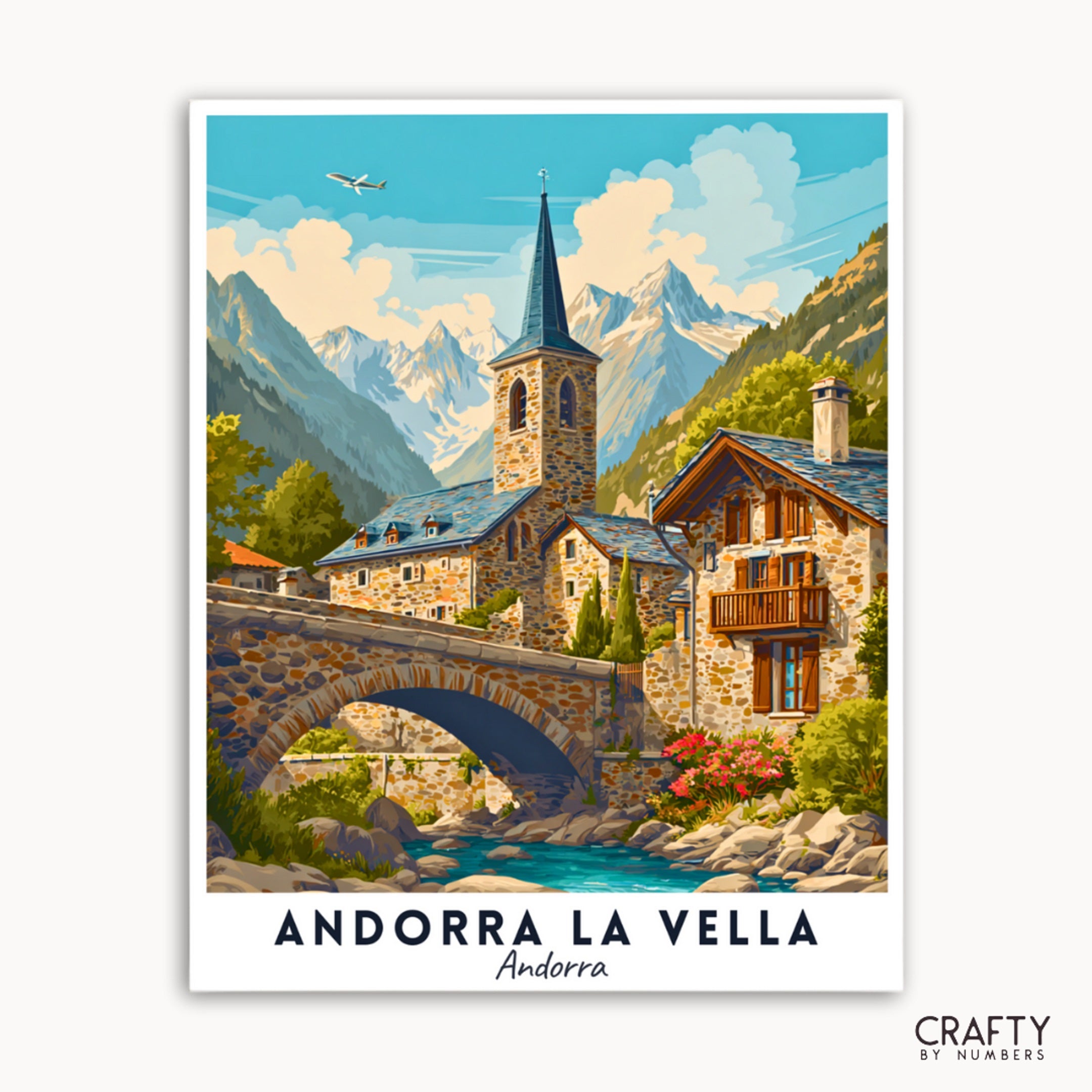 Vintage-style poster of Andorra la Vella with mountains and a bridge.