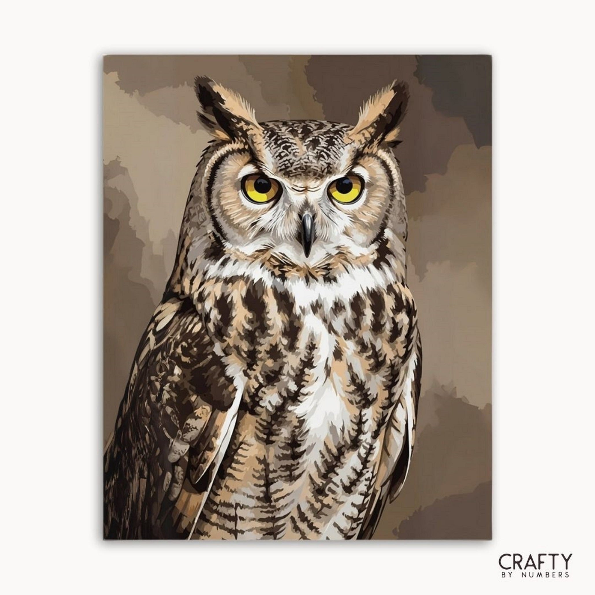 Canvas print of an owl with a brown background, featuring the brand 'Crafty by Numbers'.