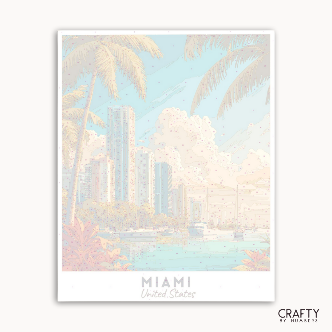 Gerahmtes Kunstwerk der Skyline von Miami mit Palmen auf hellblauem Hintergrund
