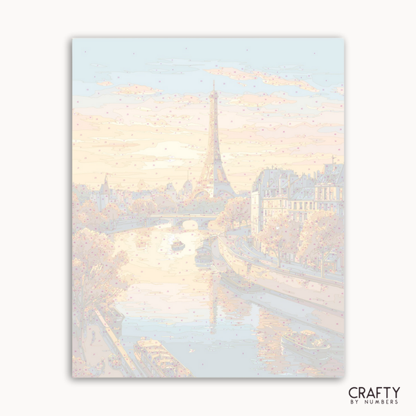 Marina scene with boats at sunset, soft pastel colors, 'Crafty by Numbers' brand visible