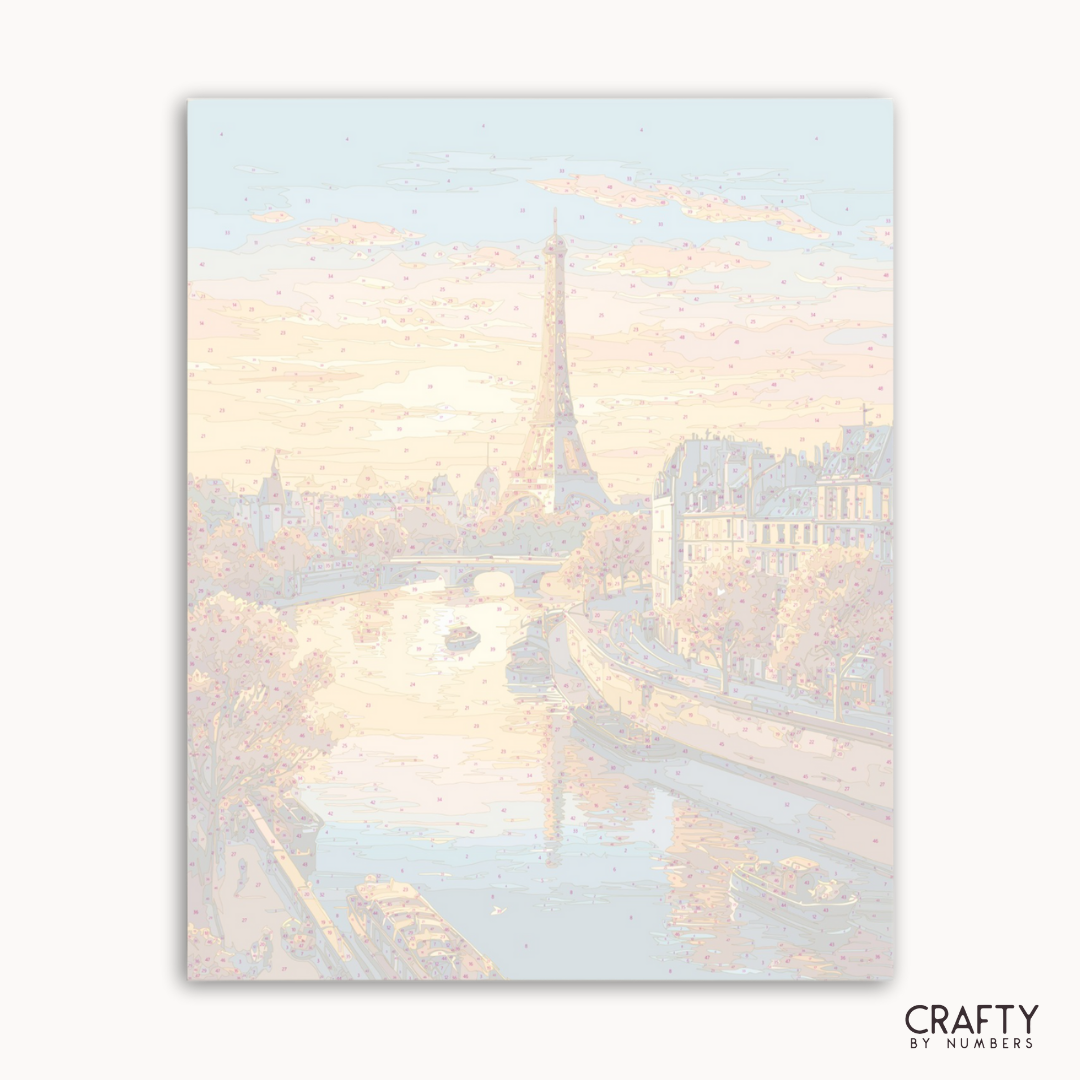 Escena del puerto deportivo con barcos al atardecer, suaves colores pastel, marca 'Crafty by Numbers' visible