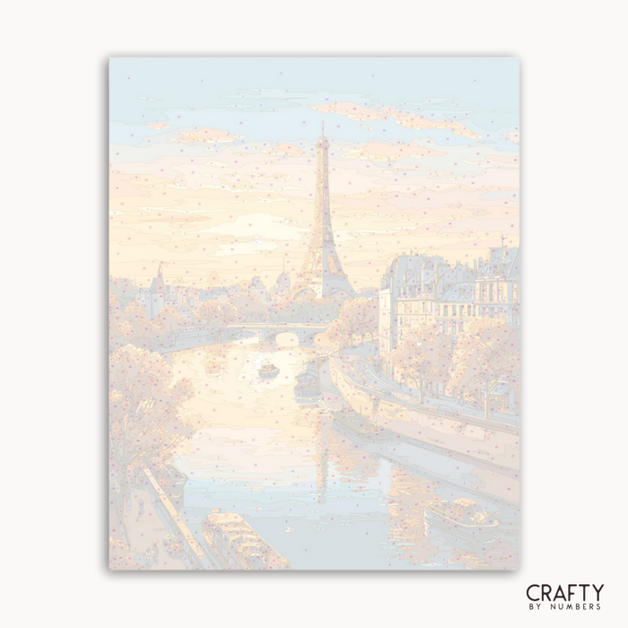 Marina scene with boats at sunset, soft pastel colors, 'Crafty by Numbers' brand visible