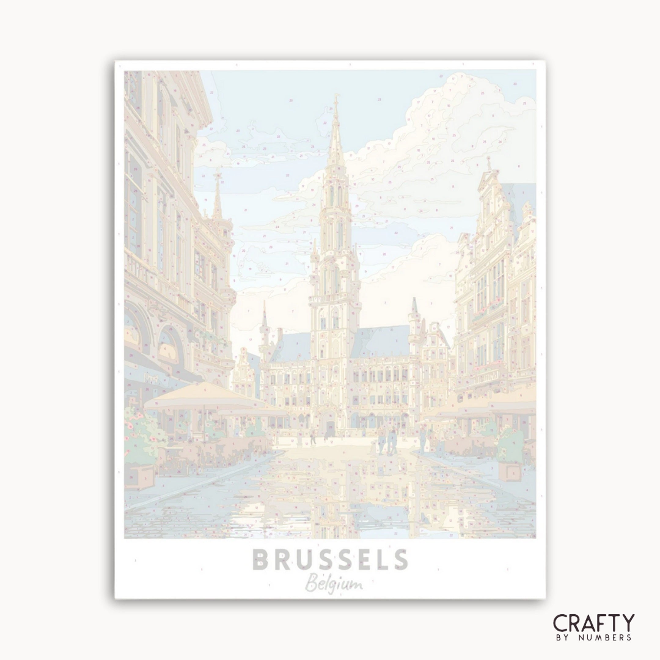 Framed artwork of a cityscape with 'Brussels, Belgium' text on a white background