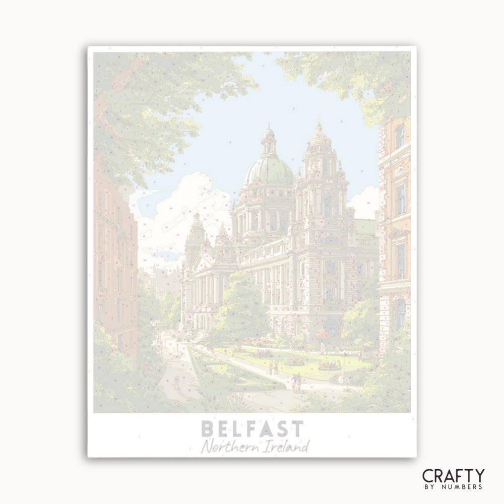 Framed artwork of a building with 'Belfast, Northern Ireland' text and 'Crafty by Numbers' branding.