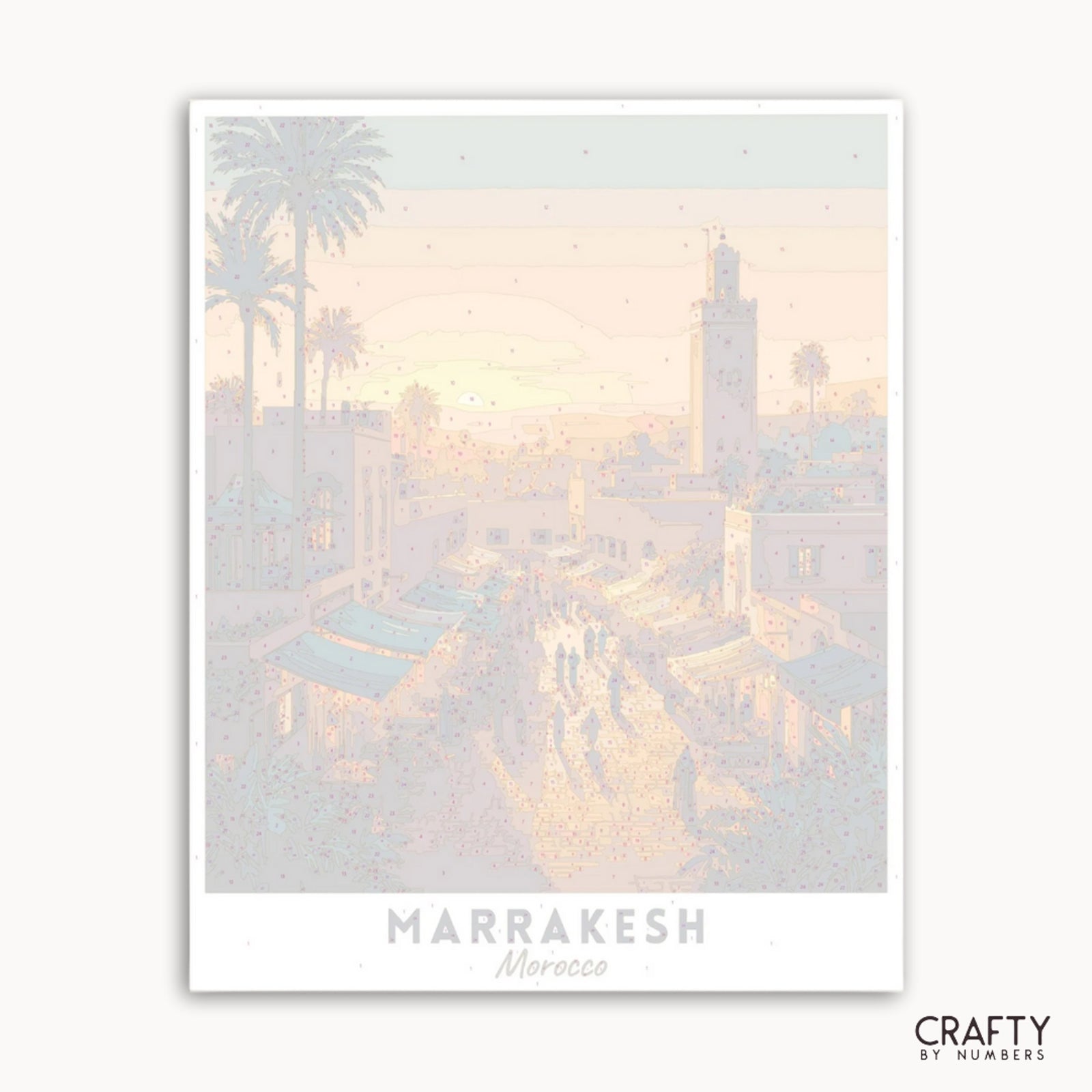 Framed artwork of a cityscape with palm trees and text 'Marrakesh, Morocco' by Crafty by Numbers.