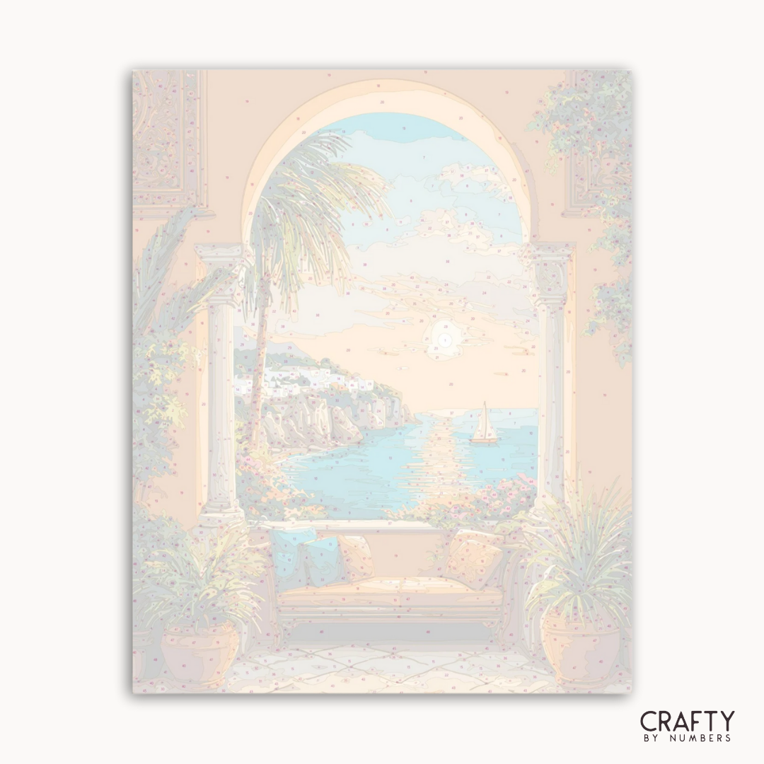 Pastel-colored illustration of a tropical scene with palm trees and an archway.