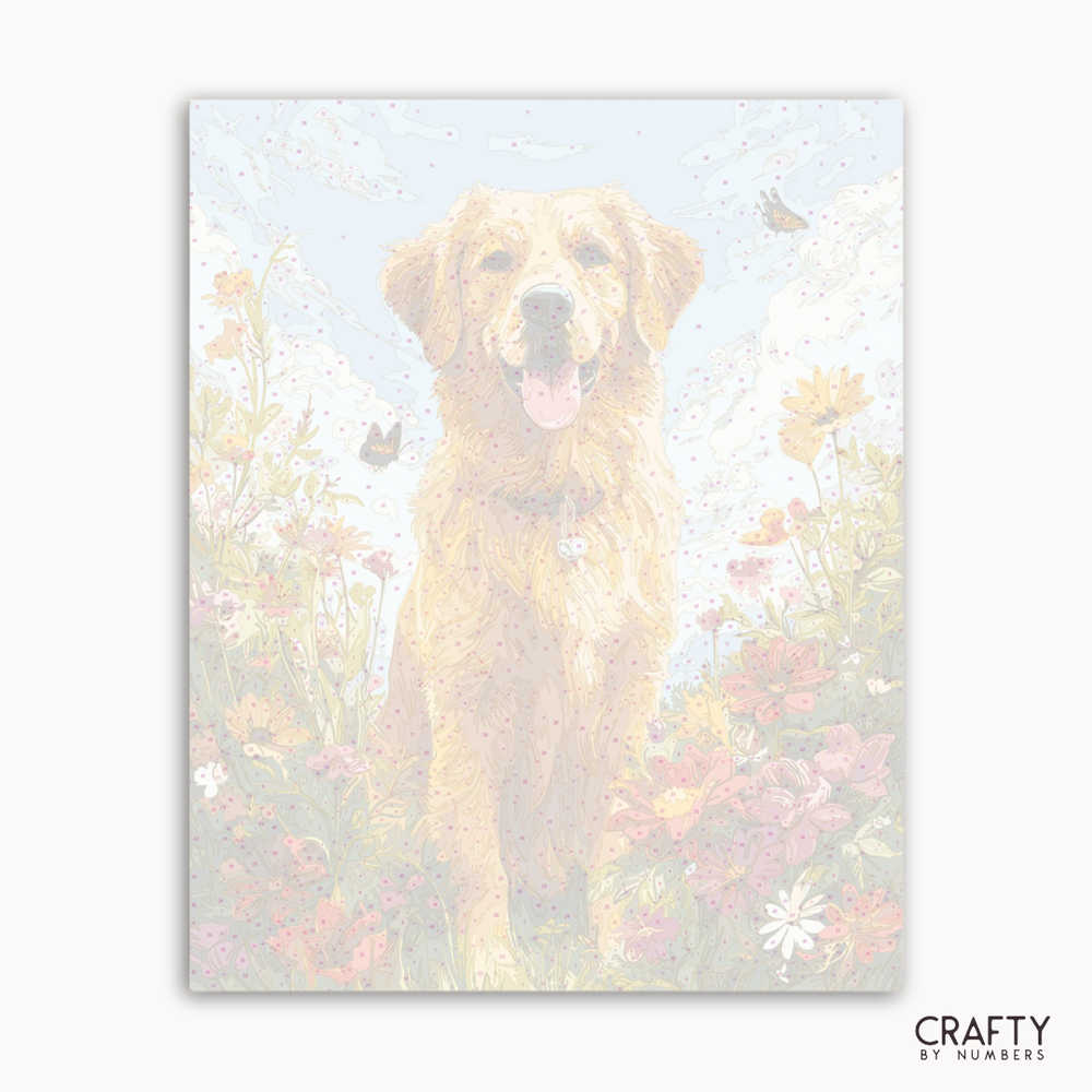 Painting of a golden retriever in a field with flowers and butterflies, featuring the brand 'Crafty by Numbers'.