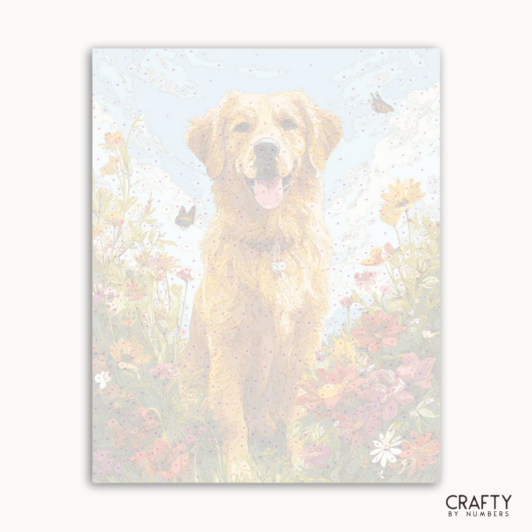 Painting of a golden retriever in a field with flowers and butterflies, featuring the brand 'Crafty by Numbers'.