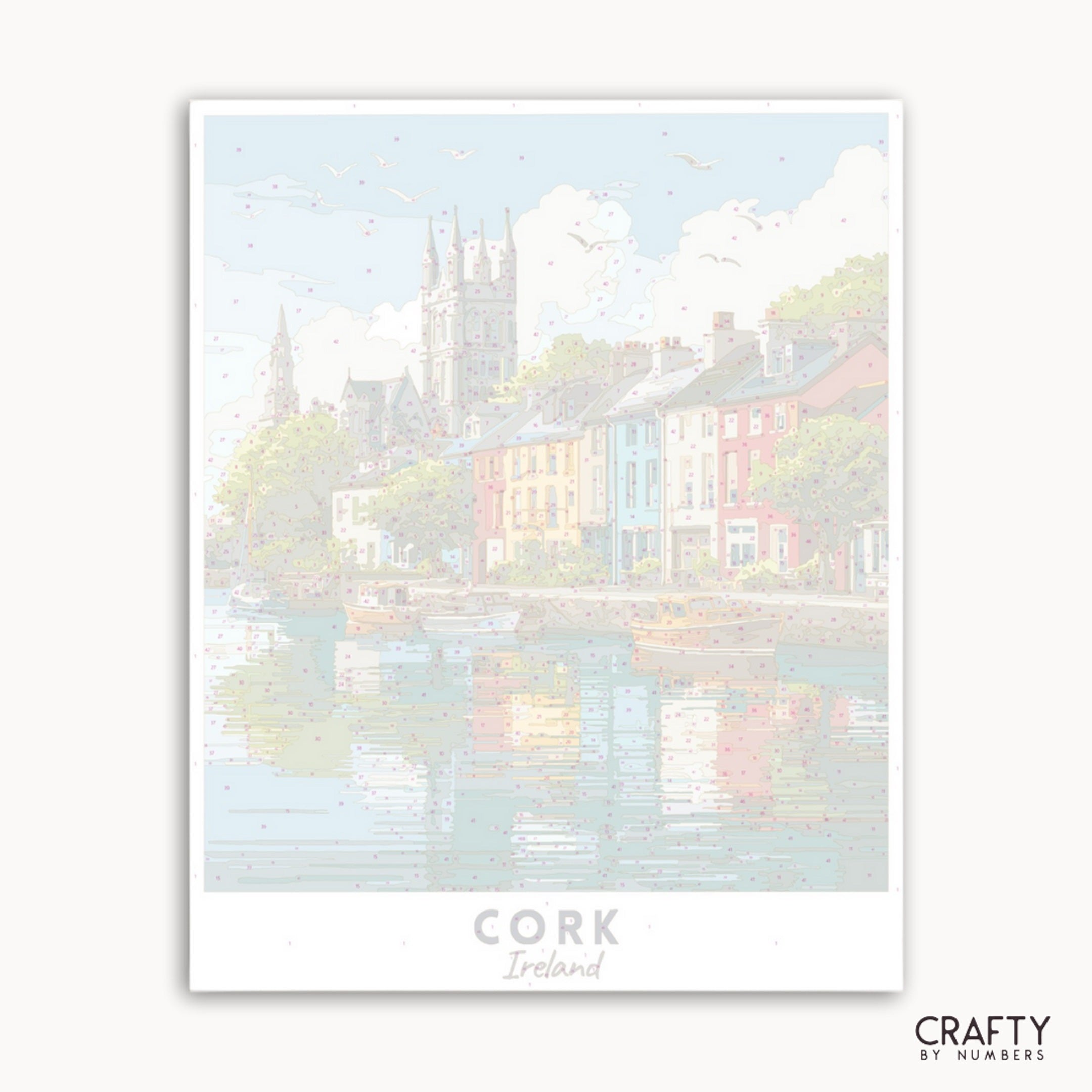 Framed artwork of a scenic view with 'Cork, Ireland' text and 'Crafty by Numbers' branding.