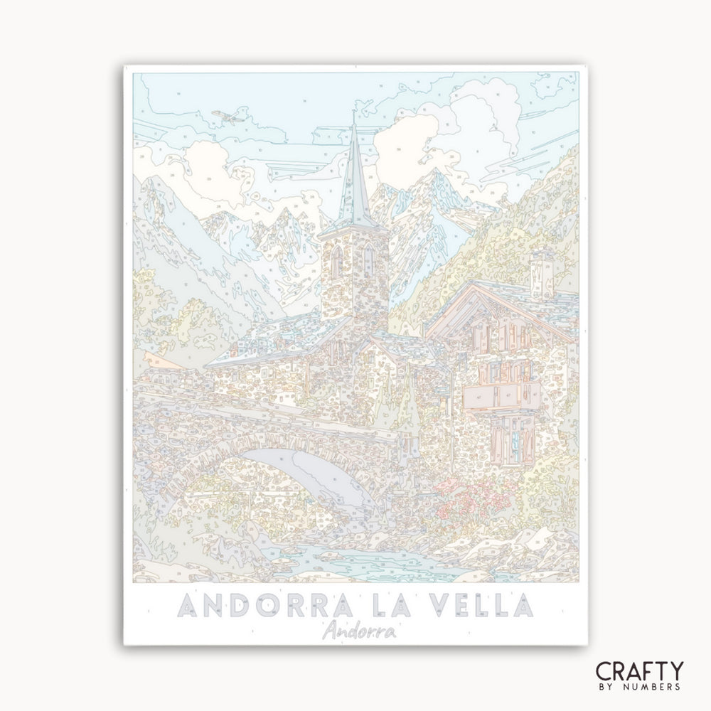 Illustration of Andorra la Vella with pastel colors on a white background