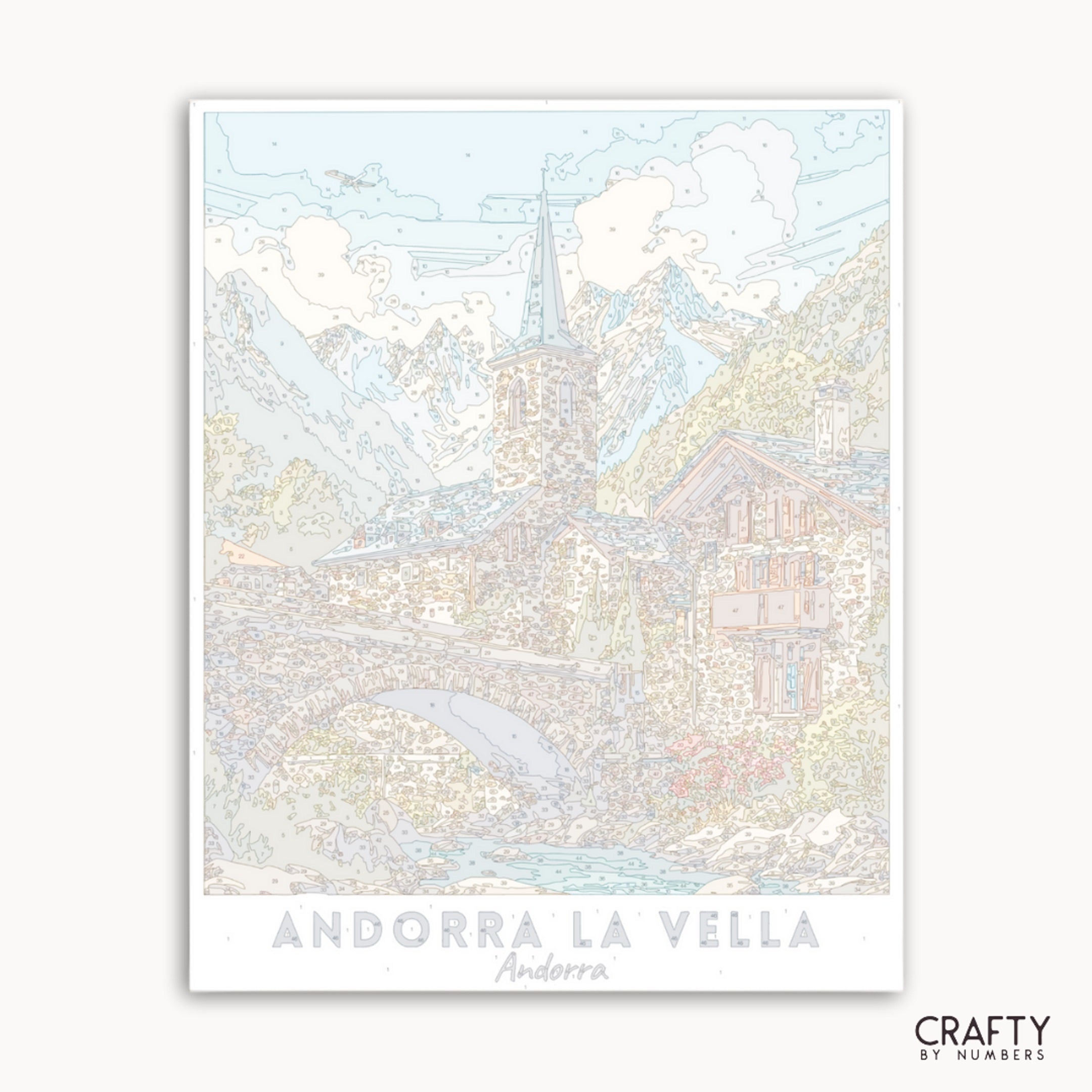 Illustration of Andorra la Vella with pastel colors on a white background
