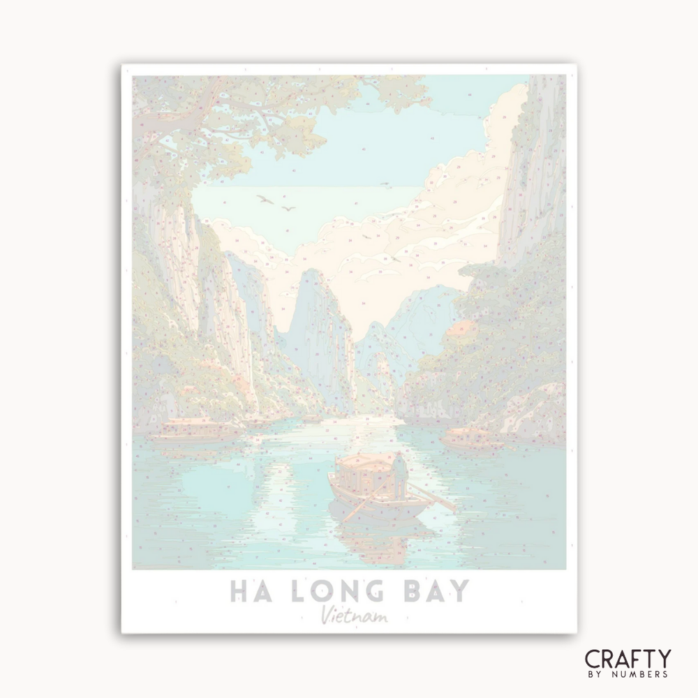 Poster of Ha Long Bay with pastel colors on a white background