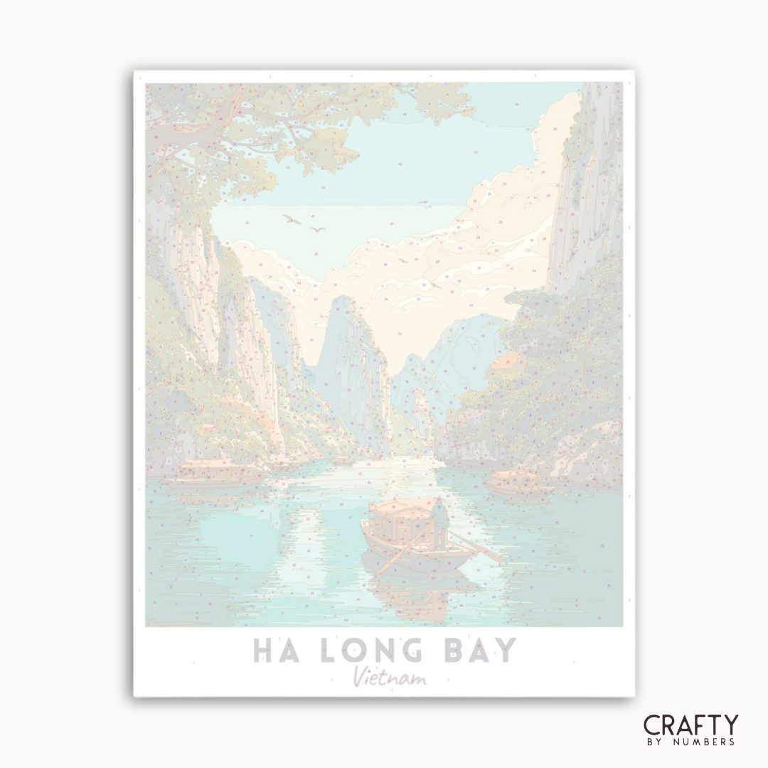 Poster of Ha Long Bay with pastel colors on a white background