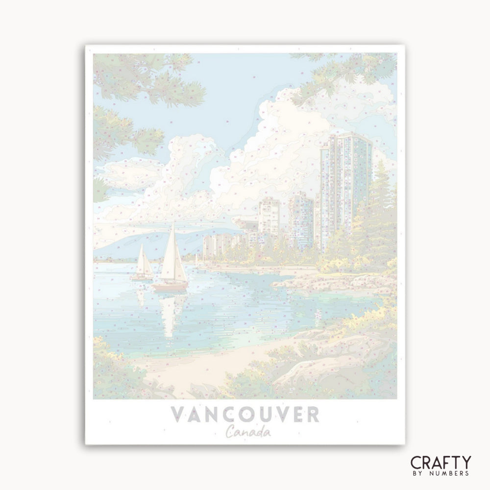 Art print of a scenic view of Vancouver with boats on the water and city skyline.