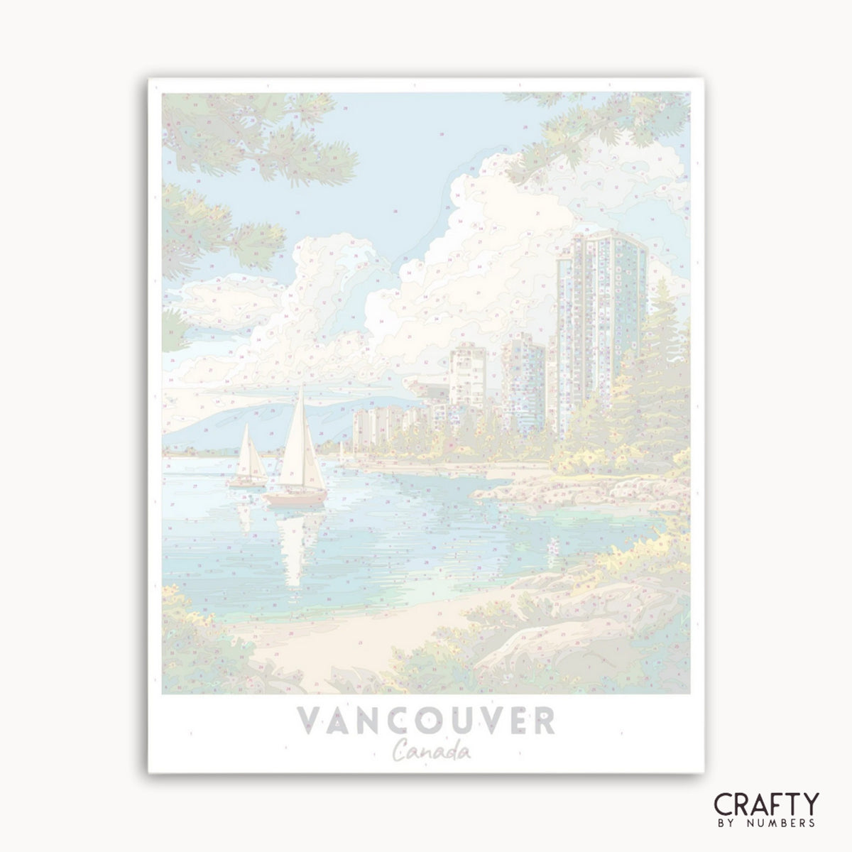 Art print of a scenic view of Vancouver with boats on the water and city skyline.