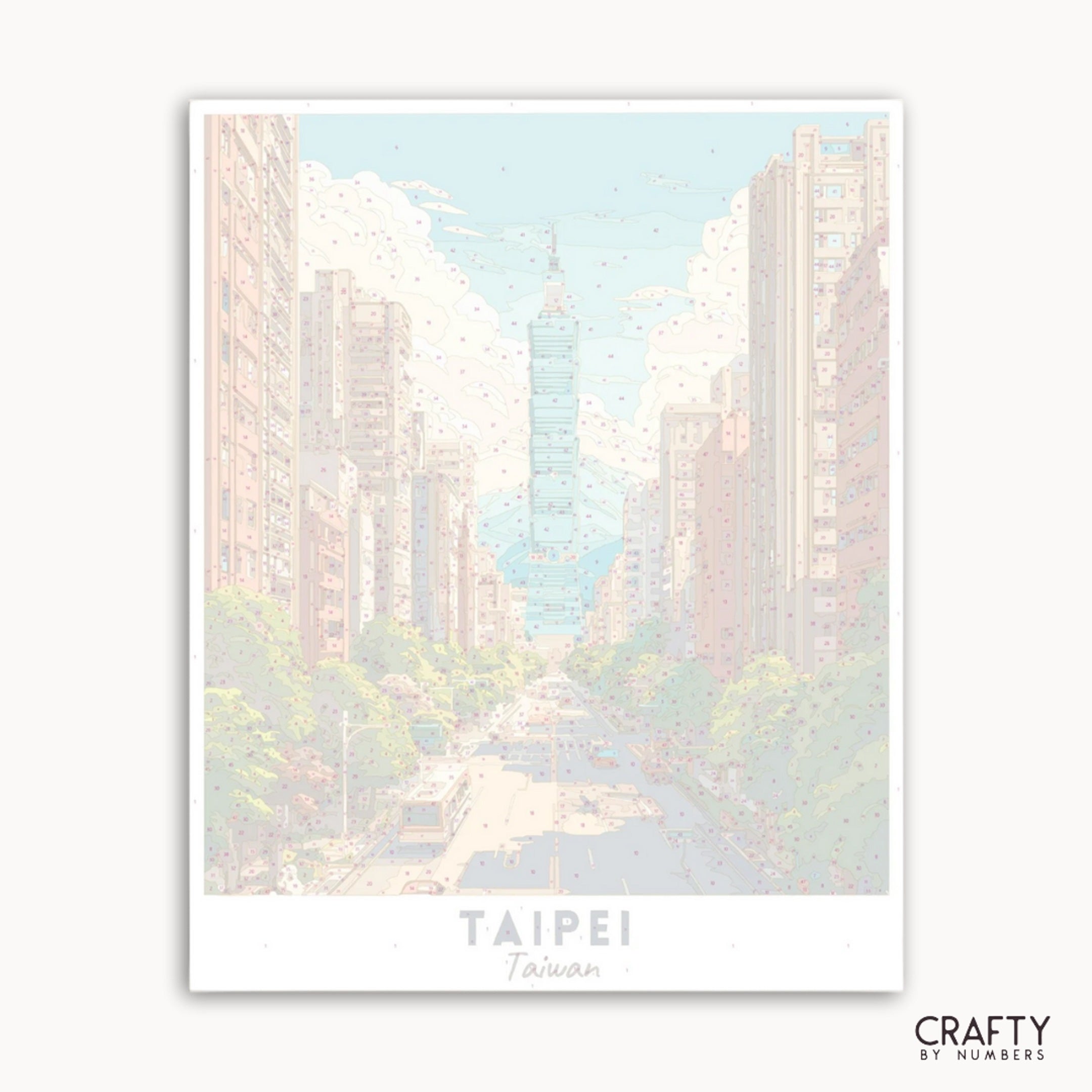 Pastel-colored cityscape of Taipei with tall buildings and a clear sky.