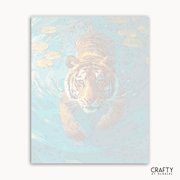 Holographic tiger design on a light blue background with 'Crafty by Numbers' branding.