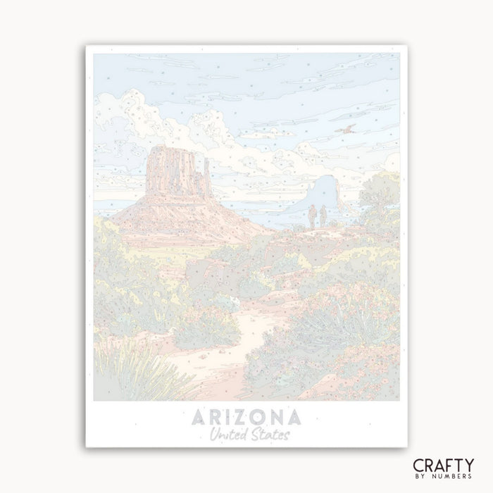 Framed artwork of a desert landscape with mountains, featuring the text 'Arizona, United States' and 'Crafty by Numbers'.