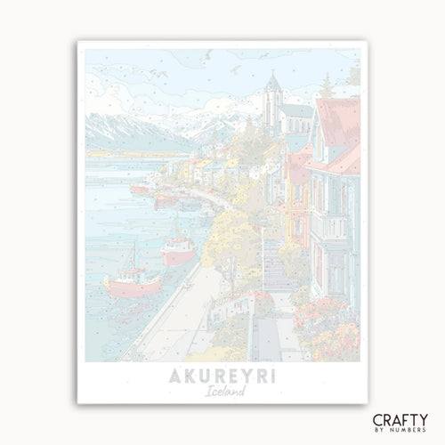 Framed artwork of a coastal scene with buildings and boats, labeled 'Akureyri, Iceland' by Crafty by Numbers.