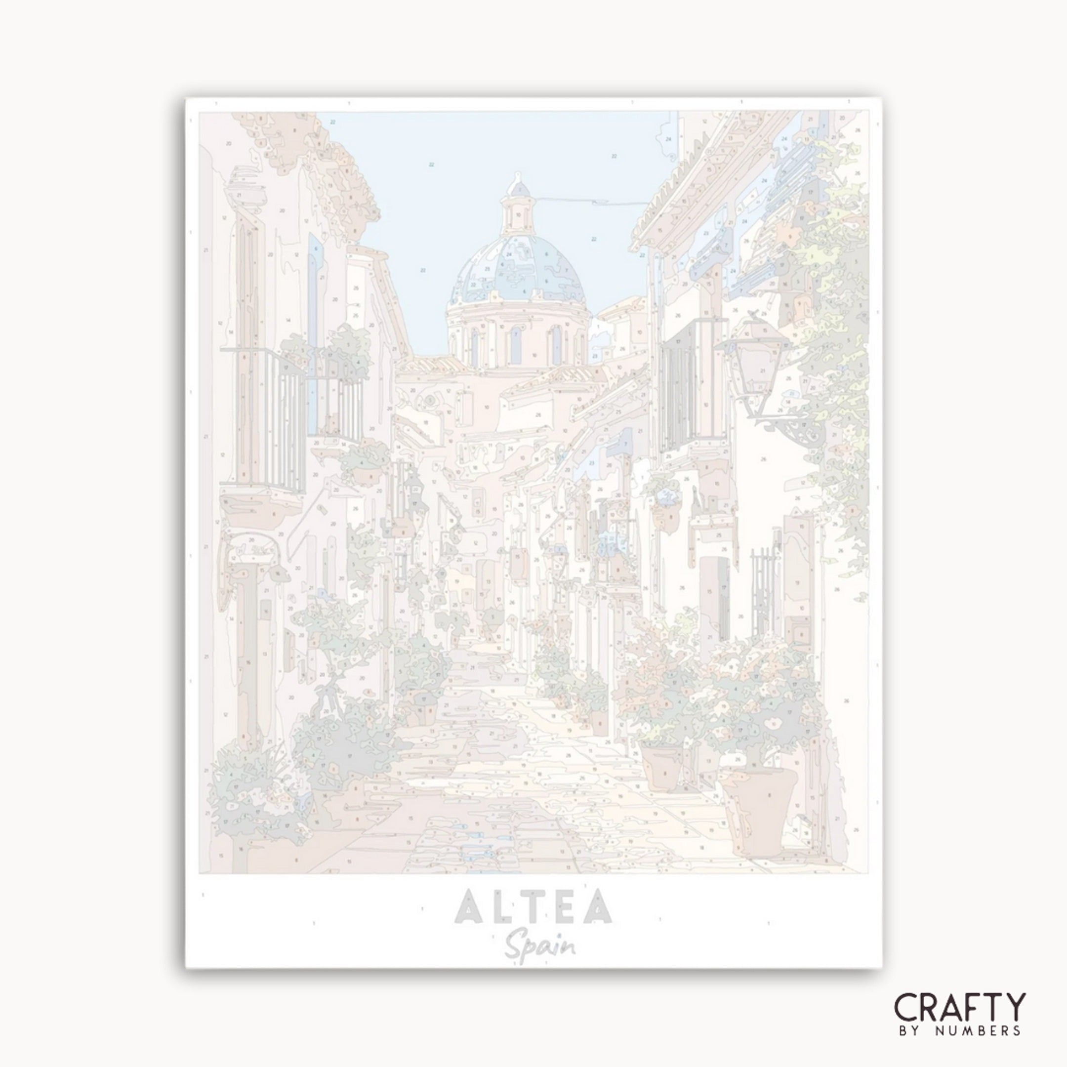 Framed artwork of a scenic view with 'Altea, Spain' text on a white background