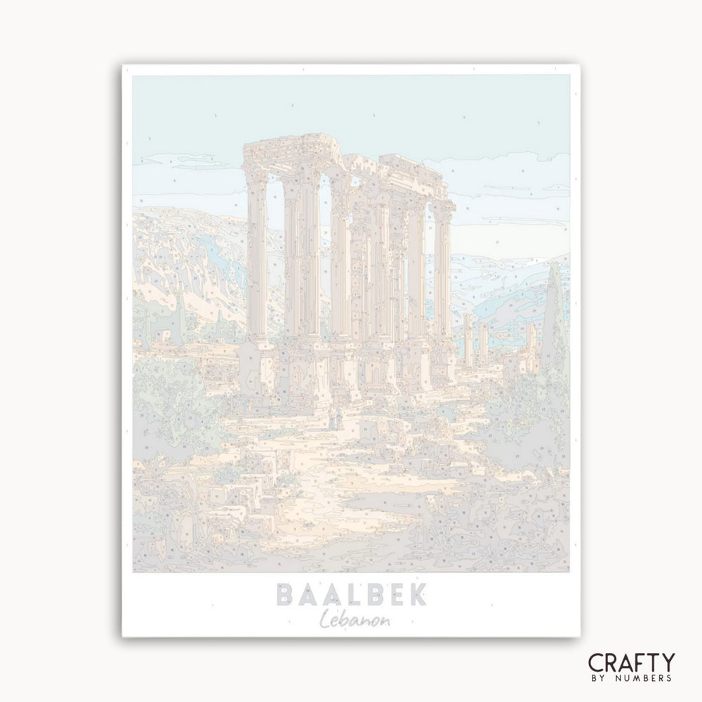 Framed artwork of a classical architecture structure with 'Baalbek Lebanon' text and 'Crafty by Numbers' branding.
