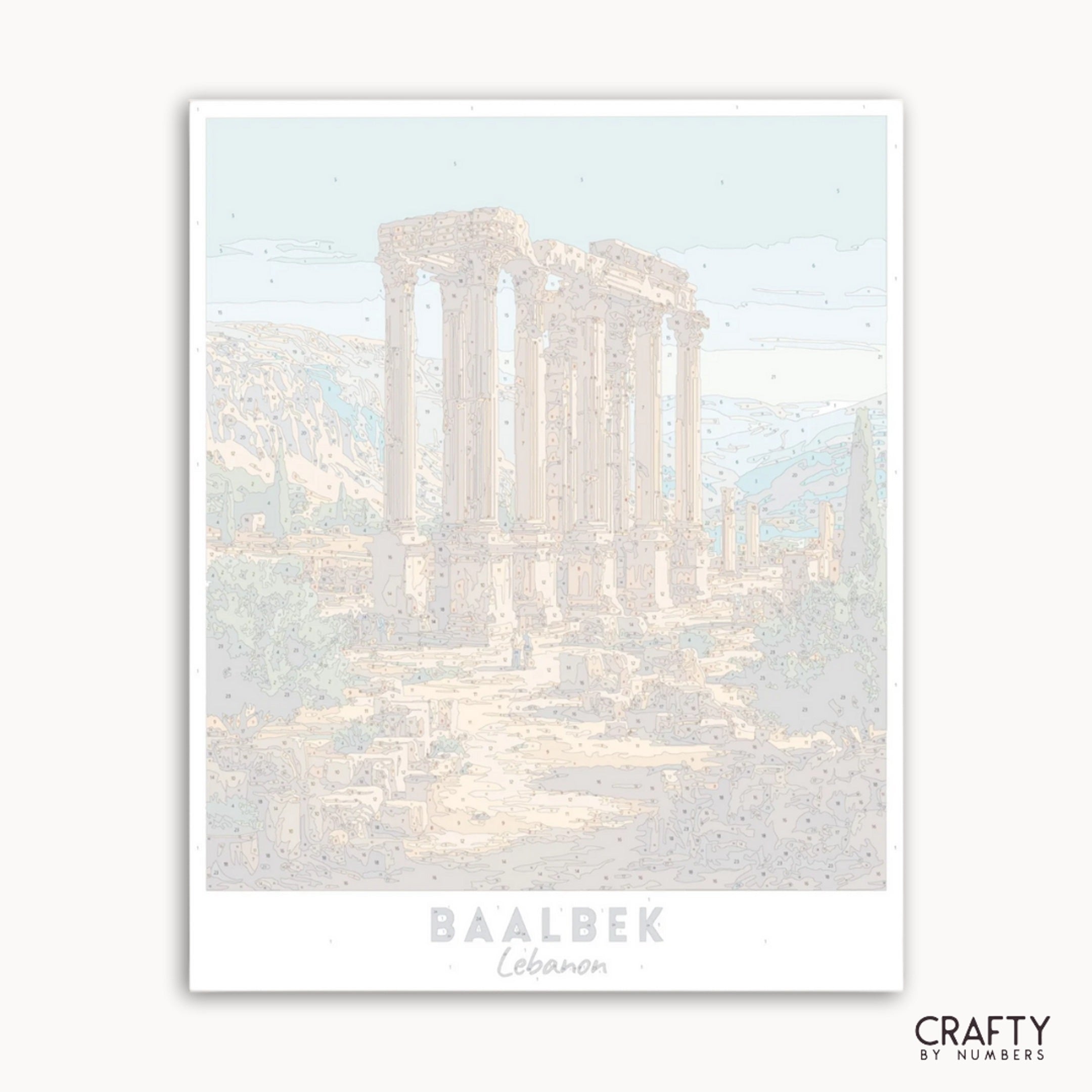 Framed artwork of a classical architecture structure with 'Baalbek Lebanon' text and 'Crafty by Numbers' branding.