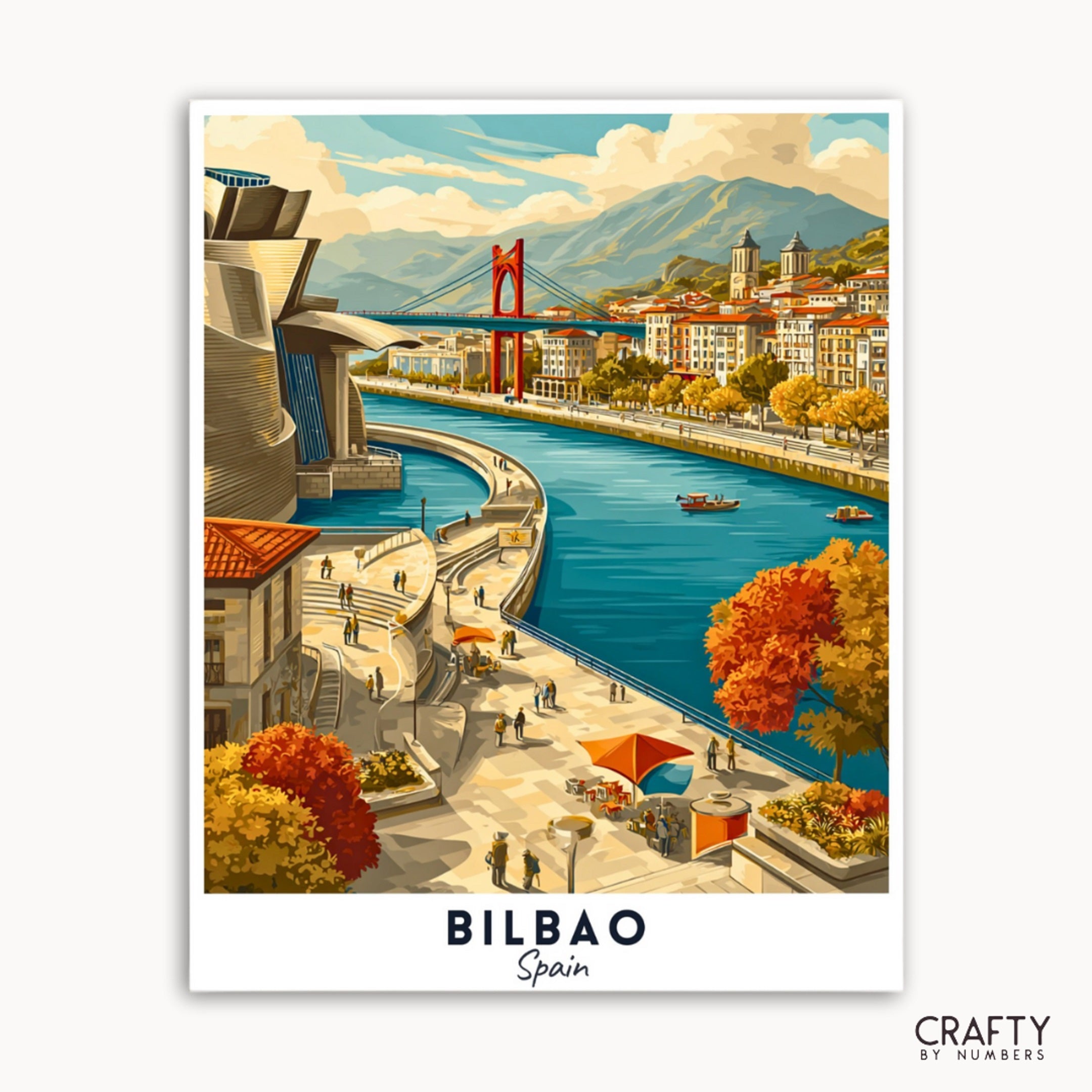Illustration of Bilbao, Spain with Guggenheim Museum and River Nervion.