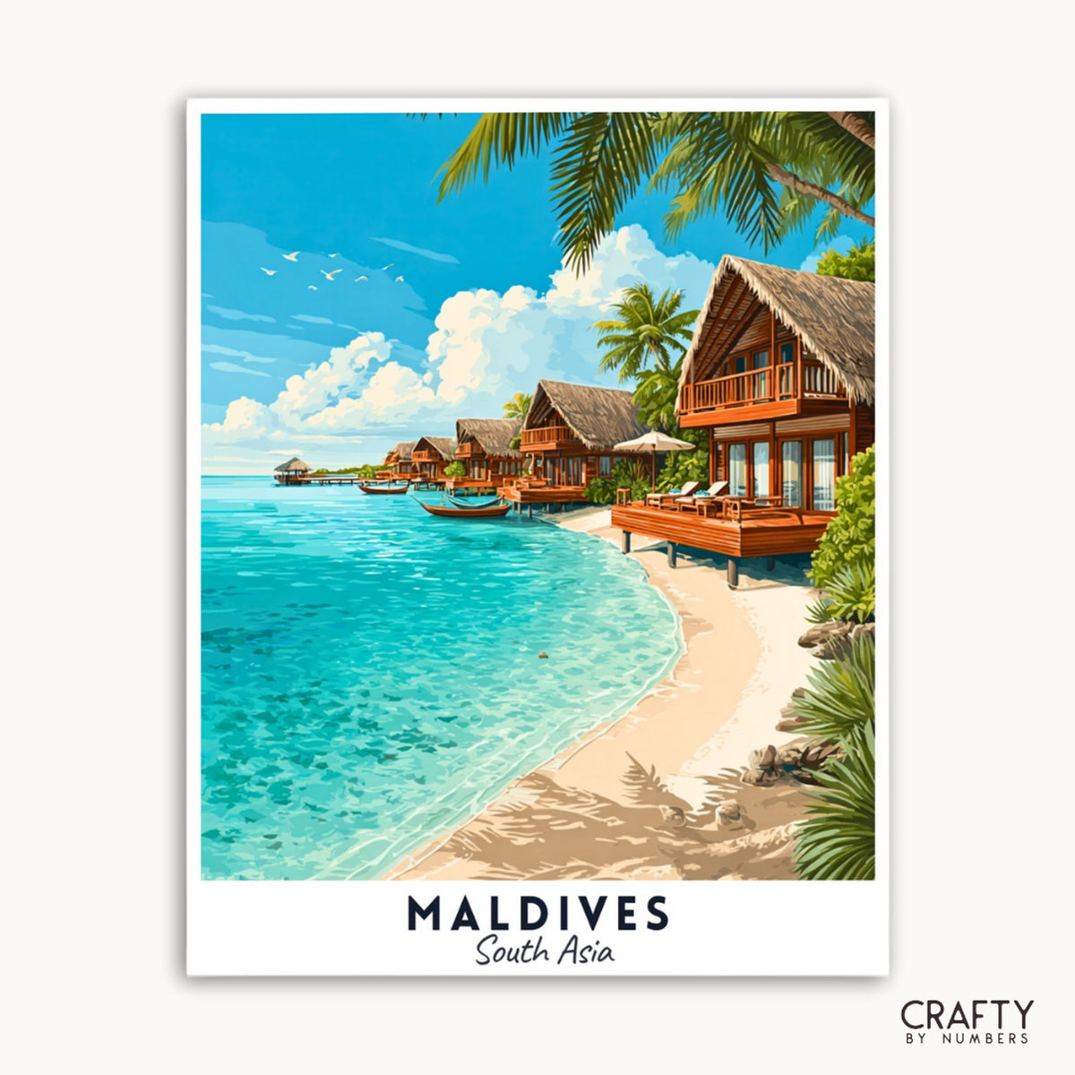Illustration eines tropischen Strandes mit Holzhütten und klarem, blauem Wasser, beschriftet mit „Malediven, Südasien“ von Crafty by Numbers.
