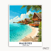 Illustration of tropical beach with wooden huts and clear blue water, labeled 'Maldives, South Asia' by Crafty by Numbers.