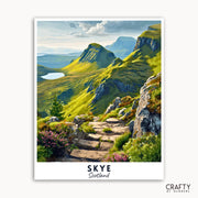 Scenic view of a mountain landscape with a path and lake, labeled 'Skye, Scotland', on a white background.