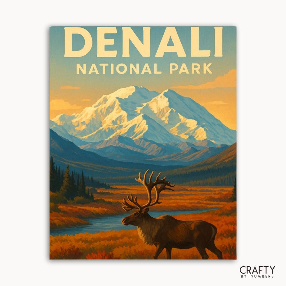 “Snowy Denali peaks and golden meadows in a paint by numbers kit for stress relief and scenic home decor.