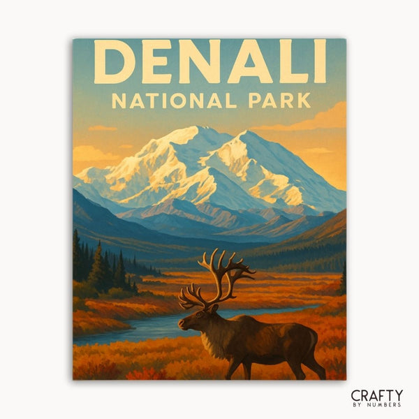 “Snowy Denali peaks and golden meadows in a paint by numbers kit for stress relief and scenic home decor.