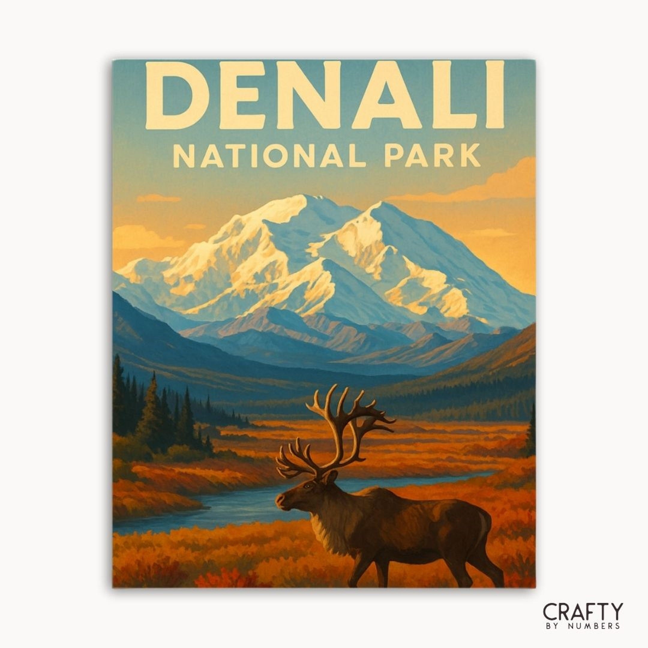 “Snowy Denali peaks and golden meadows in a paint by numbers kit for stress relief and scenic home decor.