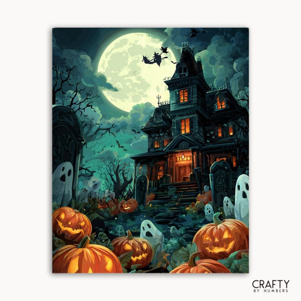 Halloween-themed illustration with a haunted house, pumpkins, and ghosts under a full moon.