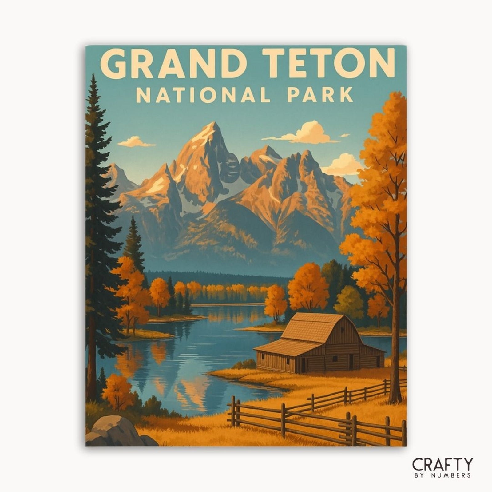 Kit de pintura por números de paisaje del Parque Nacional Grand Teton para entusiastas del arte de la naturaleza y la montaña.