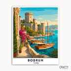 Illustration of a coastal scene with boats and a castle in Bodrum, Turkey.