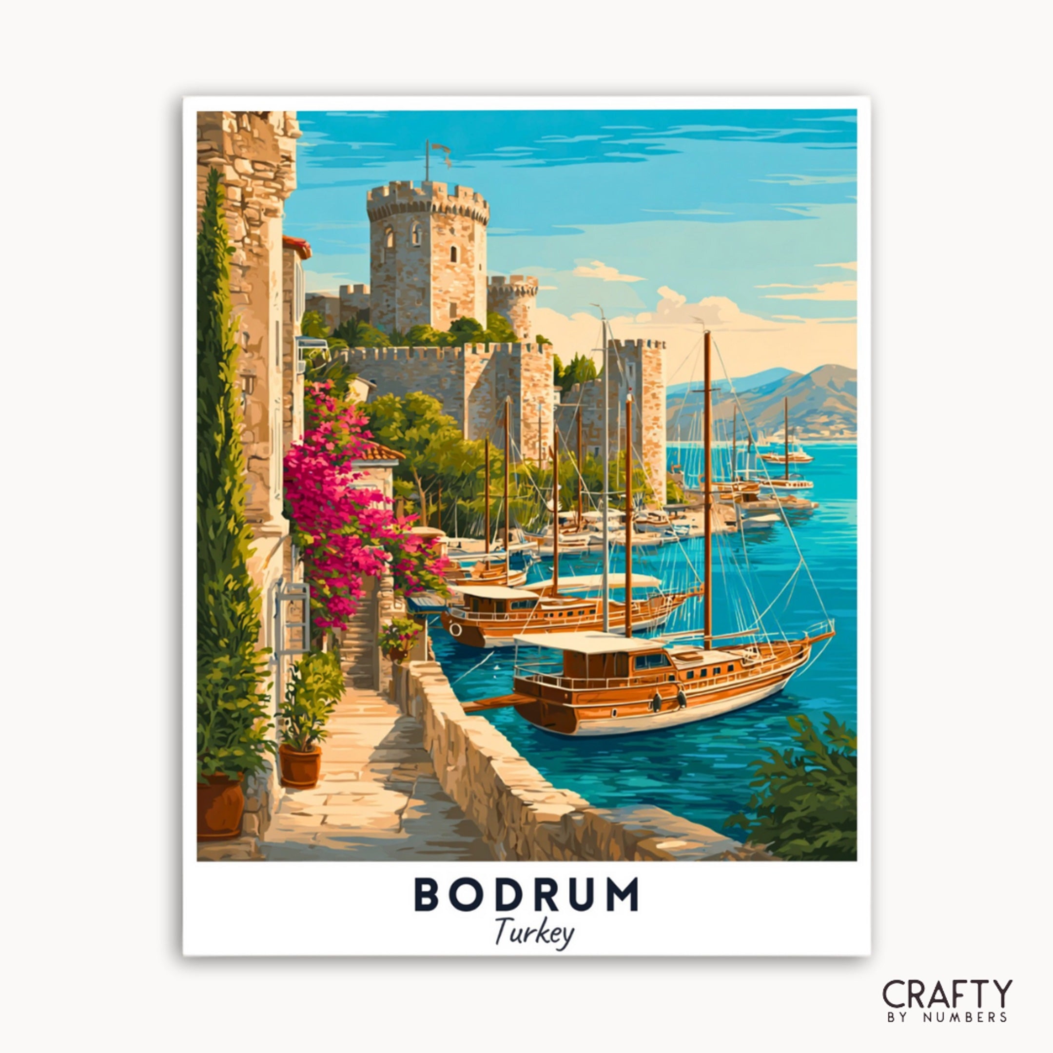 Illustration of a coastal scene with boats and a castle in Bodrum, Turkey.