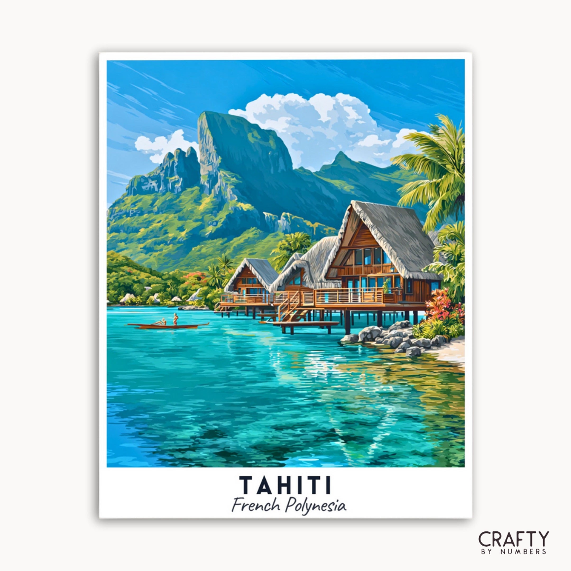 Tropical scene with overwater bungalows in Tahiti, French Polynesia, on a white background.